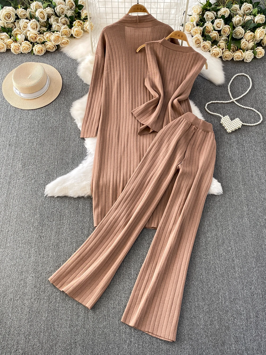 الخريف الشتاء فضفاض Sle منتصف طول محبوك سترة مفتوحة معطف سترة سيدة + بنطال ذو قصة أرجل واسعة تي شيرت مجموعة Faionable Casu...