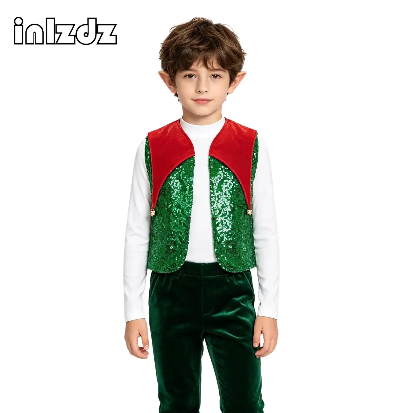 Kids Boys Jazz Dance Performance Waistcoat Christmas Elf Santa Claus Masquerade Costume Sleeveless Sparkling Sequin Vest Jacket