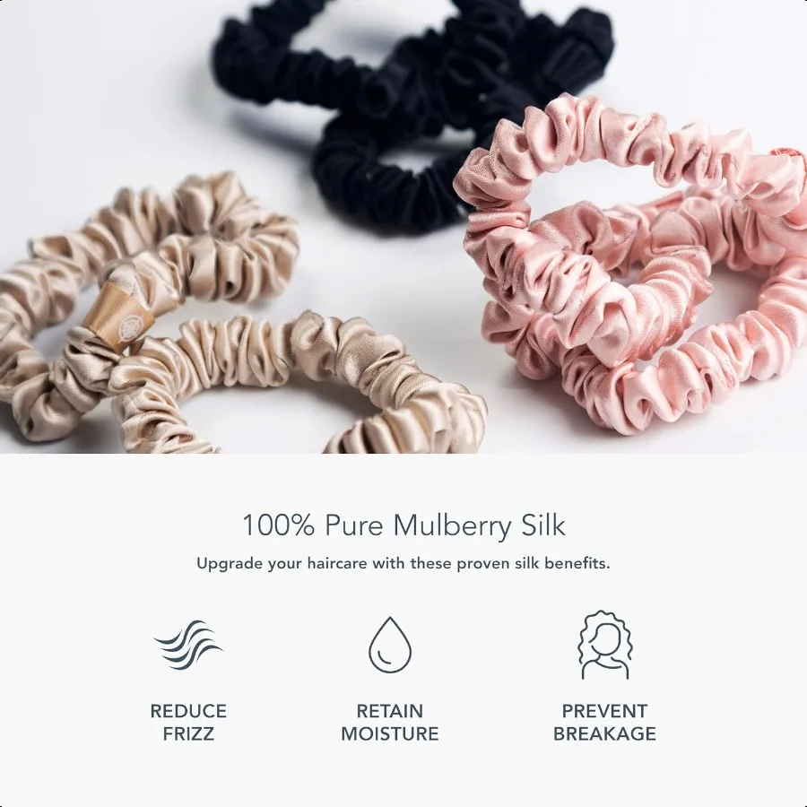 25 Momme Pure Mulberry Silk Skinny Scrunchies Hair Tie Set for Thin Hair Black Pink Champagne 6 Pk
