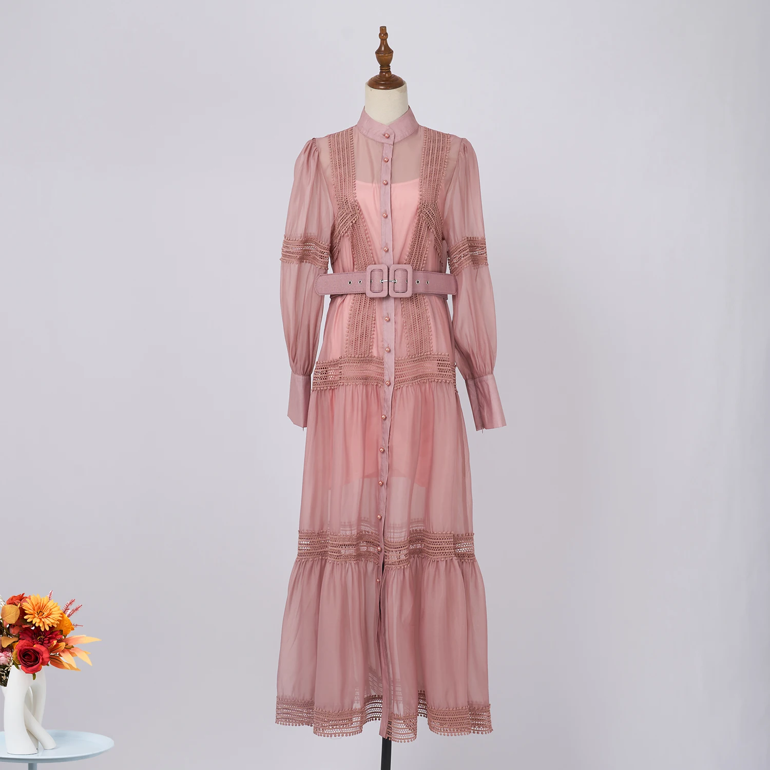 

Autumn Elegant Organza Spliced Mesh Maxi Dress Women's Stand Long Lantern Sleeve Pearl Buttons Belt Lace Trims Party Prom Robe