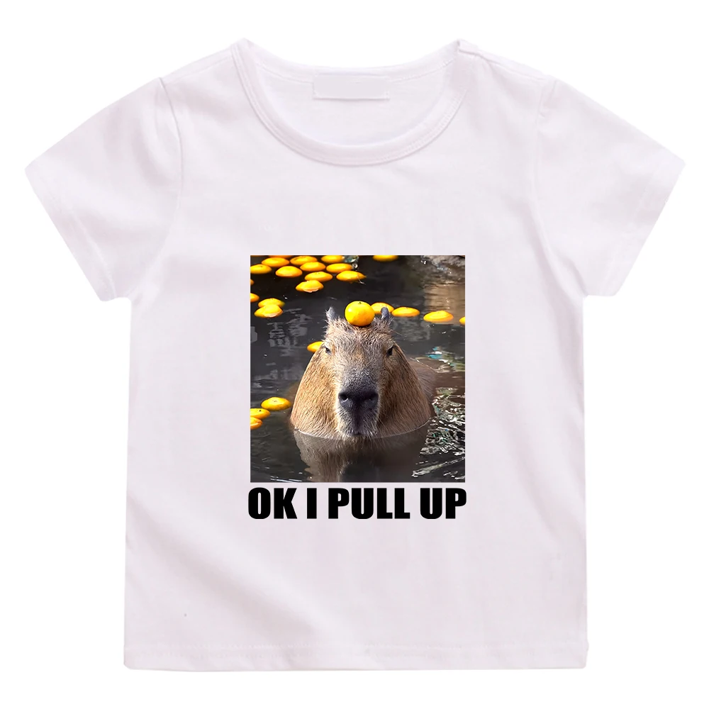 OK I PULL UP Capybara Cute Print Tee-shirt Short Sleeve 100% Cotton Children T-shirt Kawaii Cartoon Graphic Printing Tshirt Soft