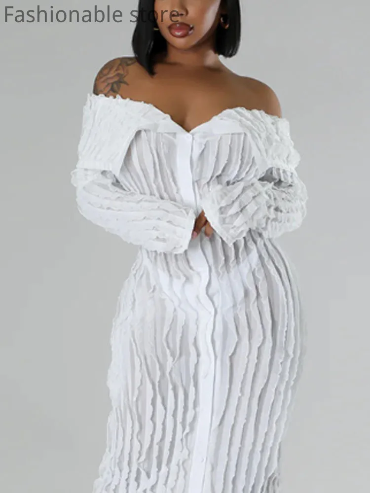 

Women's Sexy Solid Color See Through Sheer Mesh Shirt Dress Off Shoulder Slash Neck Button Front Maxi Dress