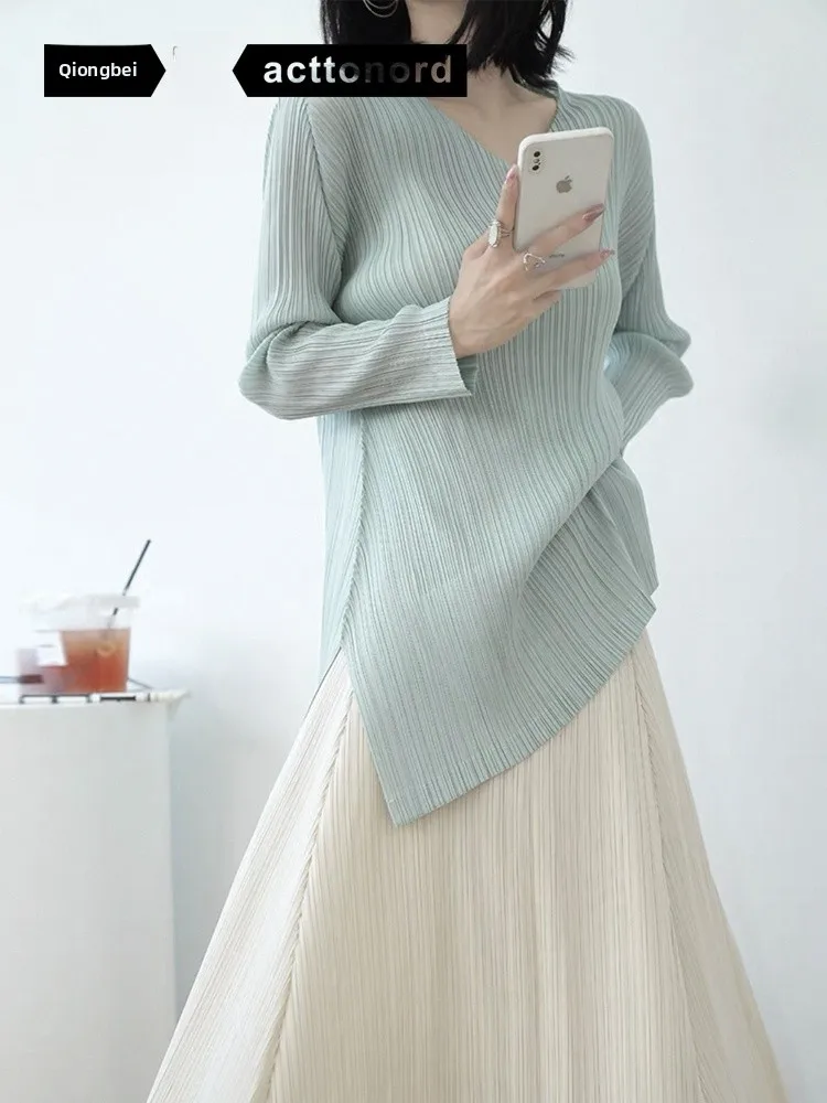 

Basic Long Sleeve V-Neck Mid-Length JK Top Casual Loose Polyester Fabric Folded Series Women's T-shirt for Winter Season