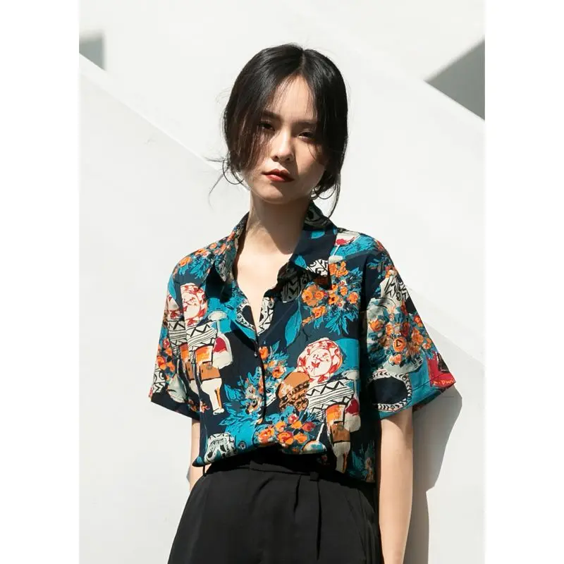 Summer Woman Clothes HongKong Retro Style Printing Loose Fashion Polo-neck Chic Thin Top Casual Trend Popularity Harajuku Button