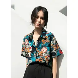 Summer Woman Clothes HongKong Retro Style Printing Loose Fashion Polo-neck Chic Thin Top Casual Trend Popularity Harajuku Button