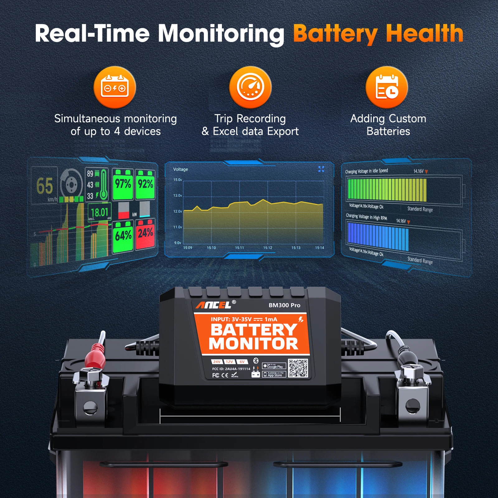 ANCEL BM300 Pro Bluetooth 6V/12V/24V Battery Analyzer Battery Monitor Circuit Cranking/Charging Test Tools for Car Motorcycle