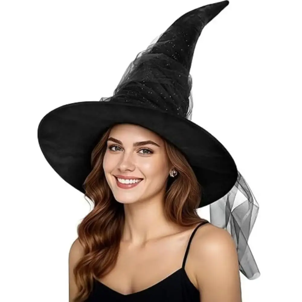 Mesh Yarn Cover Halloween Witch Hat With Veil Sparkling Stars Wizard Cap Tall Pointed Cone Top Spider Bat Pendant Masquerade Cap