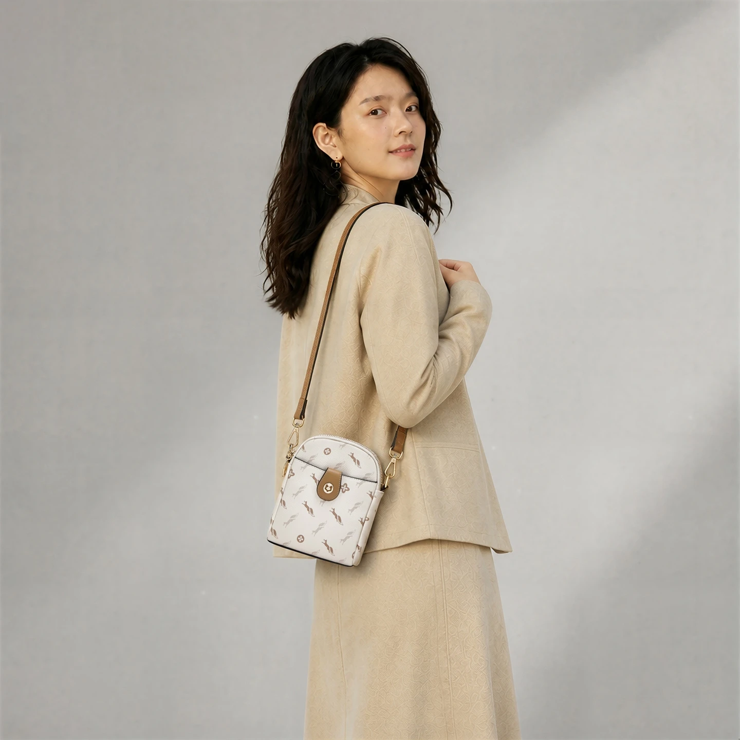 FOXER 2026 New Women Mini Shoulder Bag PVC Fox Monogram Print Adjustable Strap Crossbody Bag Ladies Phone Purse Daily Handbag