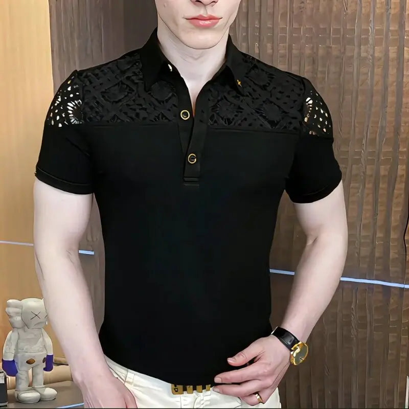 Luxury Jacquard Lapel Collar T-shirt for Men Summer Short Sleeve Slim Fit Casual Polo Shirts Social Business POLO Shirts 5XL