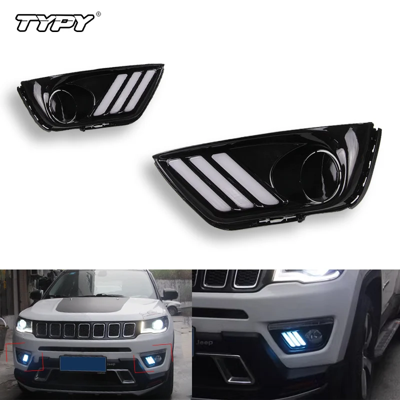 

TYPY Автомобильный светодиодный DRL с желтым указателем поворота, дневные ходовые огни для Jeep Compass 2017 2018 2019 2020, крышка противотуманной фары