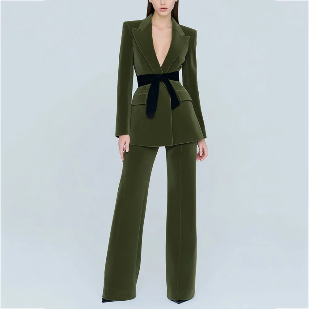 

Army Green Velvet Women Suit with Belt Unique Stylish Office Outfit Peaked Lapel Modern Lady Costume Clothes Set Jacket Pants