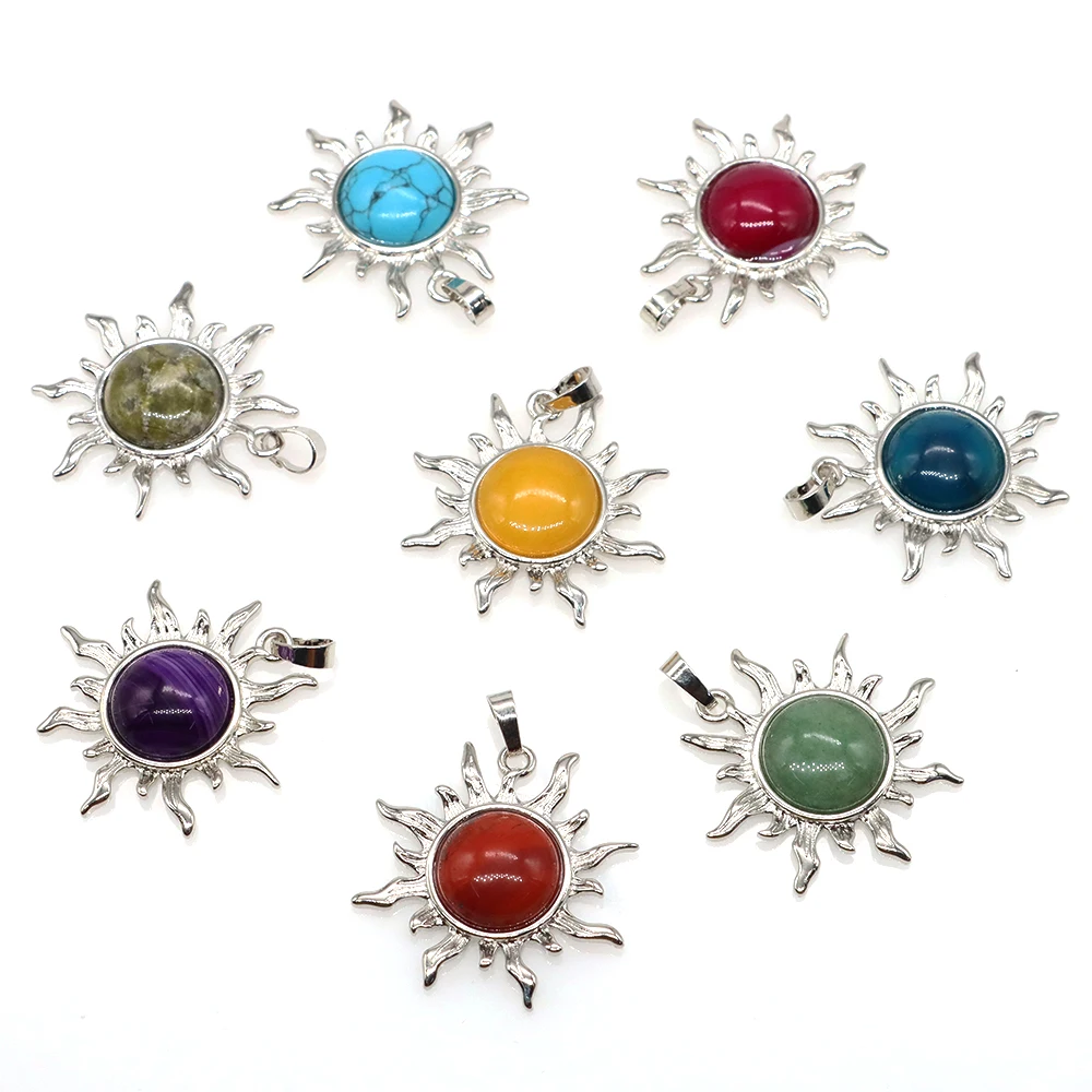 Natural Stone Sun Flower Pendant Vintage Healing Crystal Necklace Retro Style Round Amethysts Lucky Gems JewelryAccessories Gift