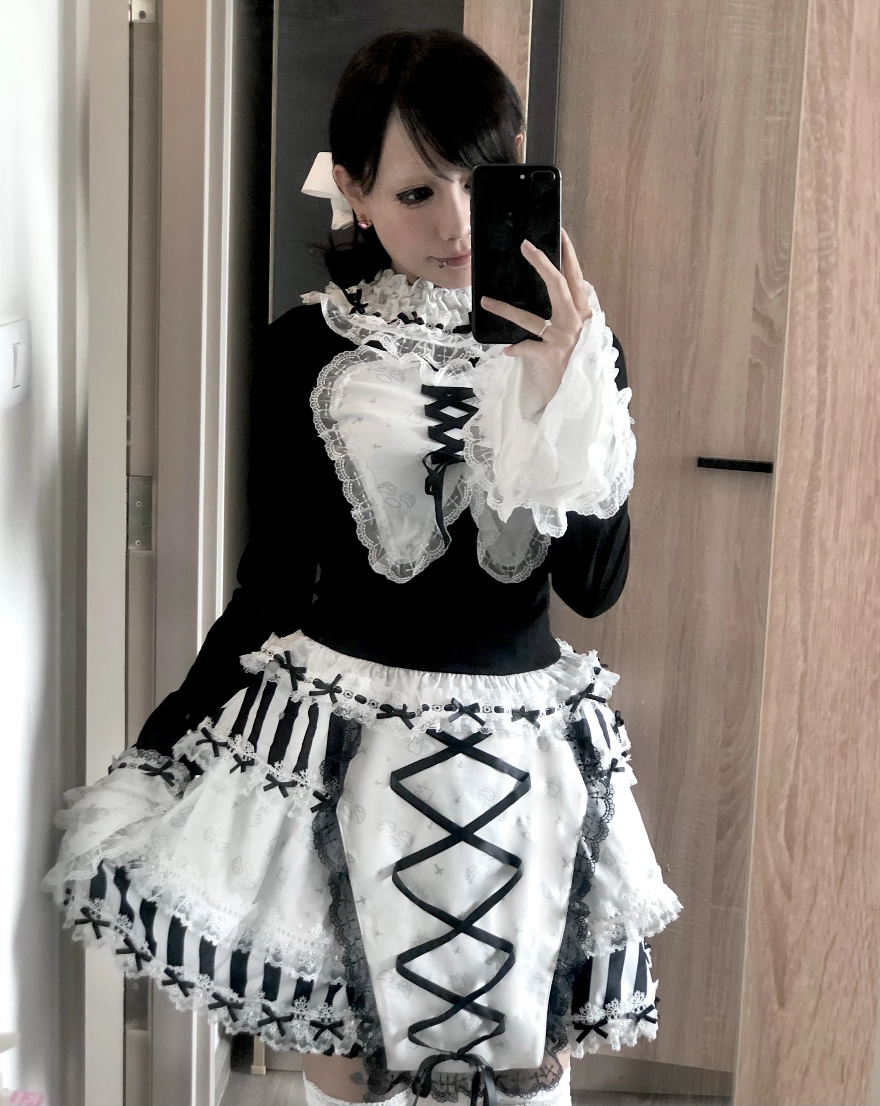 Lace Trim Original Lace-Up Cross Coffin Striped Lace Half Skirt Cute Subculture SK Puff Skirt with Elastic Waist Skirts