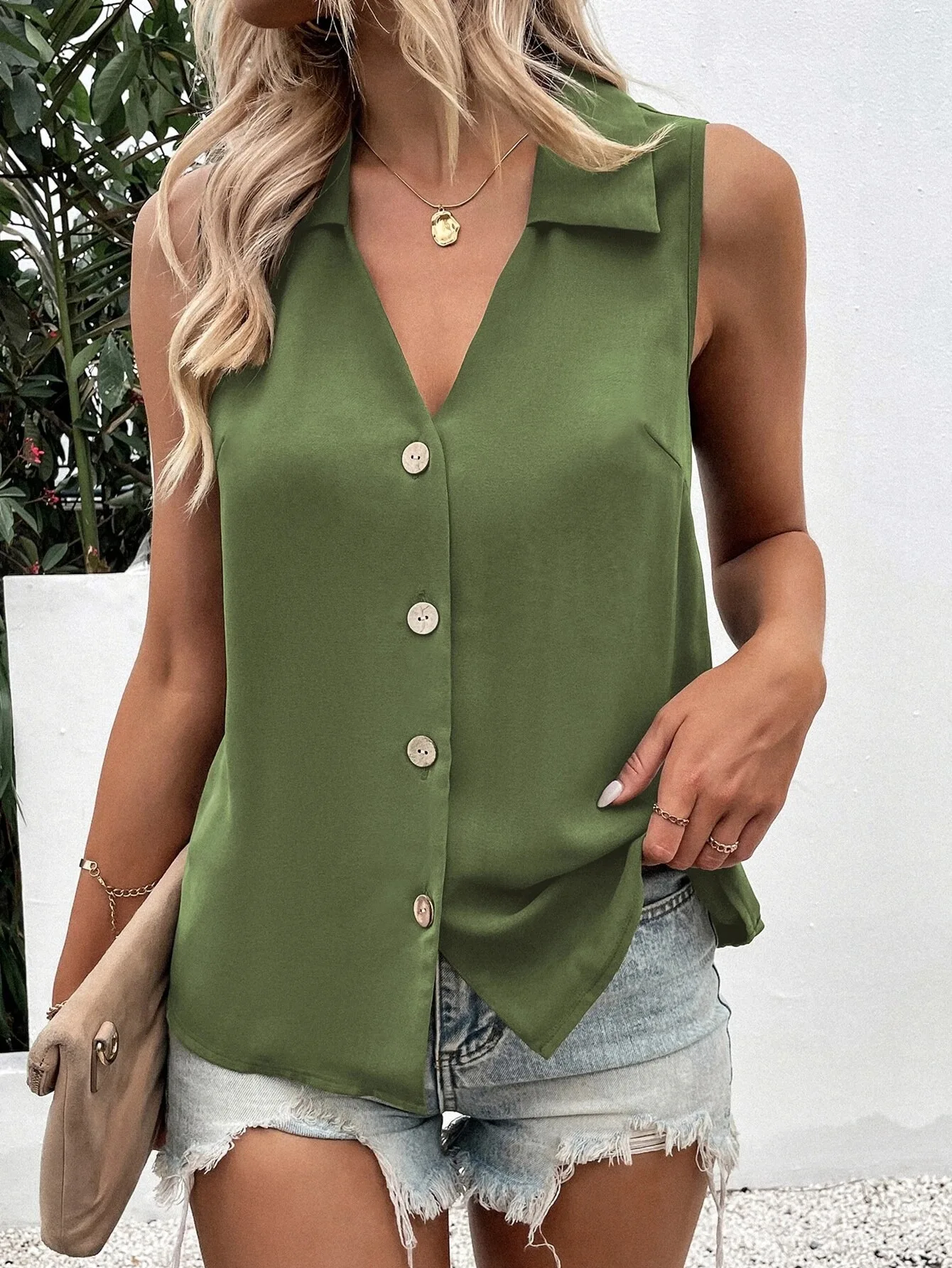 Polo V-neck Button Tank Top Female Sleeveless Vest Women's Summer Elegant T-shirt Blouse