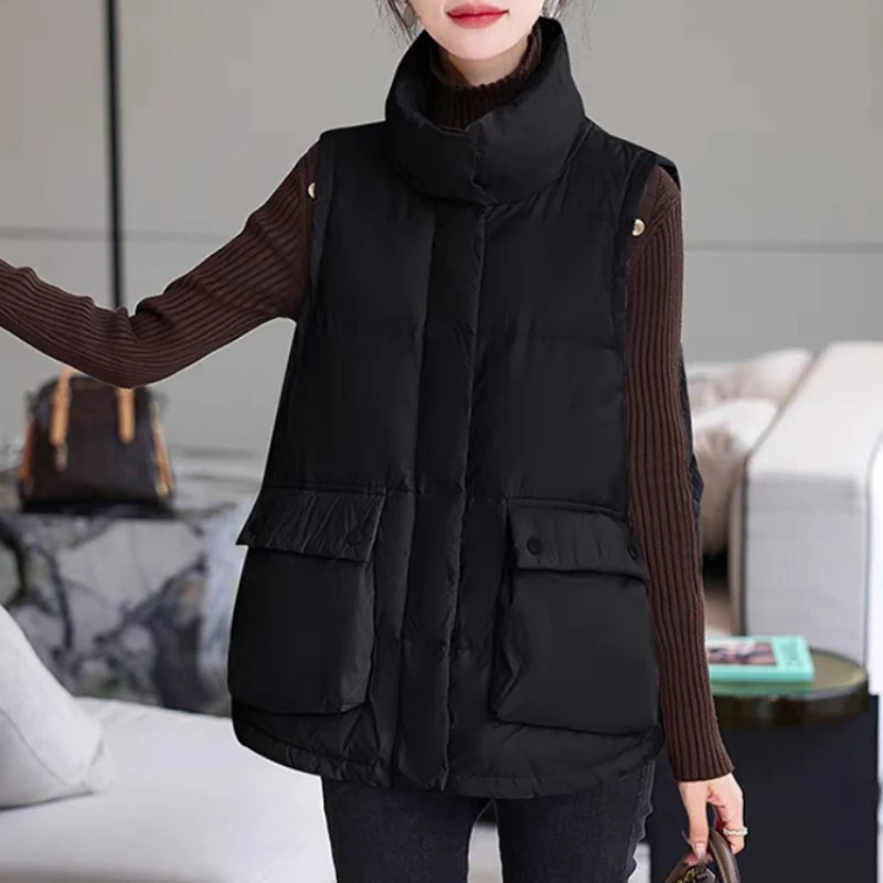 Sleeveless Down Jacket with Large Pockets for Women, Warm Vest, Sleeveless, Standing Collar, Casual, 2024 Autumn and Winter