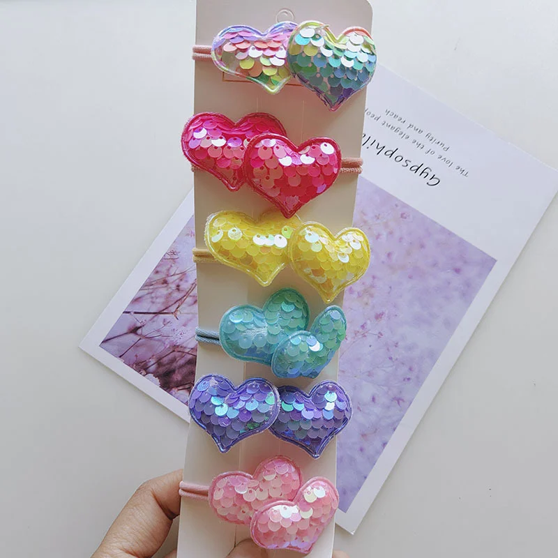 12PCS New Colorful Sequin Heart Star Crown Girls Kids Elastic Hair Bands Hair Accessories Cute Children Hair Ties Baby Headwear