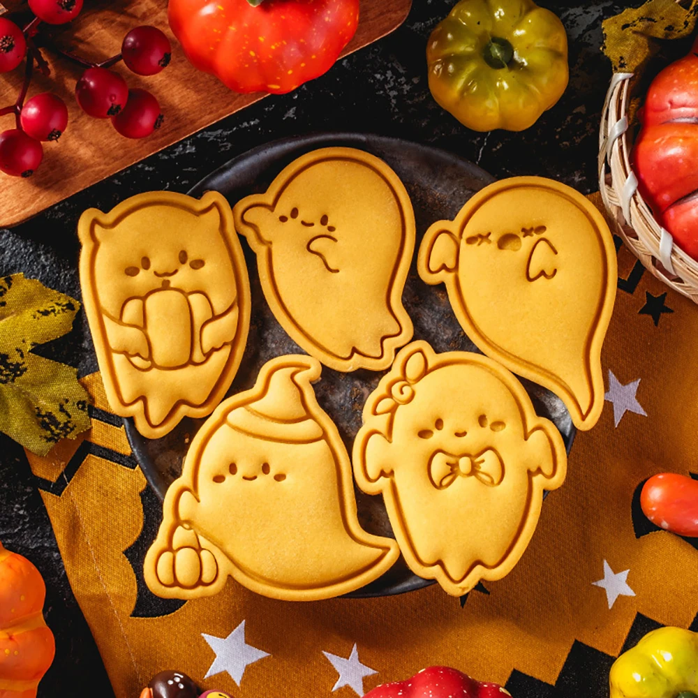 

Cartoon Halloween Funny Ghost Cookie Cutters Pressable Biscuit Mold DIY Kitchen Baking Pastry Bakeware
