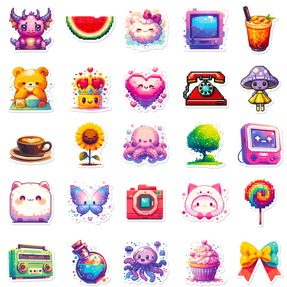 Cute Pixel Cartoon Adesivos para crianças, estilo INS, estética, DIY, bicicleta, bagagem, laptop, grafite, impermeável, decalques, brinquedos, 10 pcs, 30 pcs, 50pcs