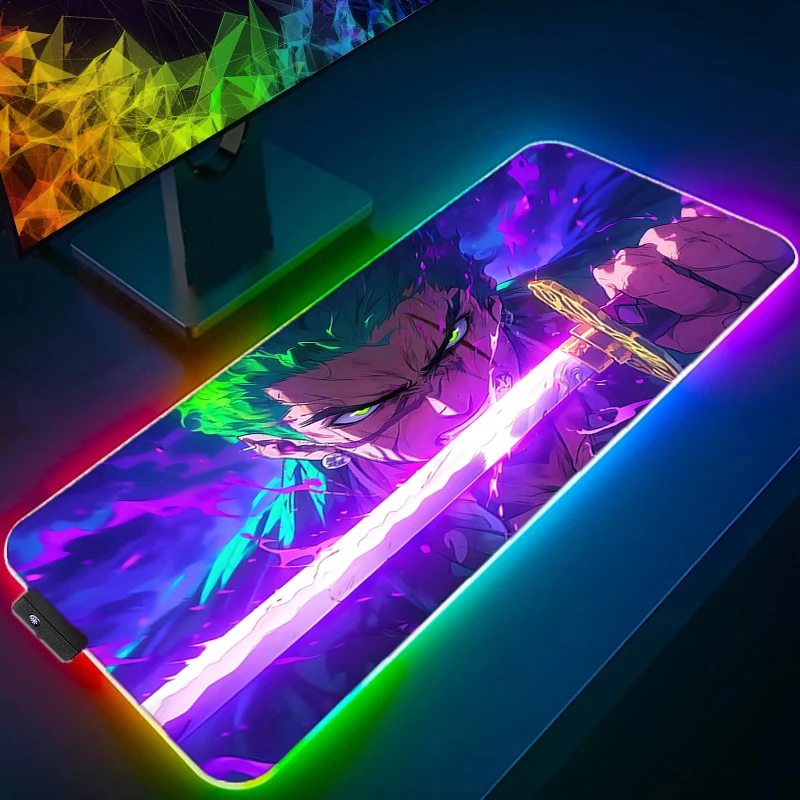 rgb led mouse pad anime tapete de mouse computador gamer acessorios mouse teclado deskpad a prova impermeavel agua roronoa zoro padrao tapete de mesa 01