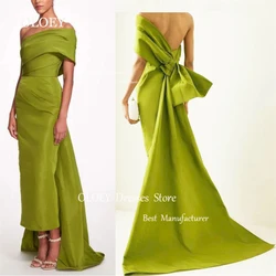 OLOEY Elegant Green Pleats Satin Strapless Evening Dress One Shoulder Long Sleeve Straight Wedding Party Dress Formal Prom Gowns