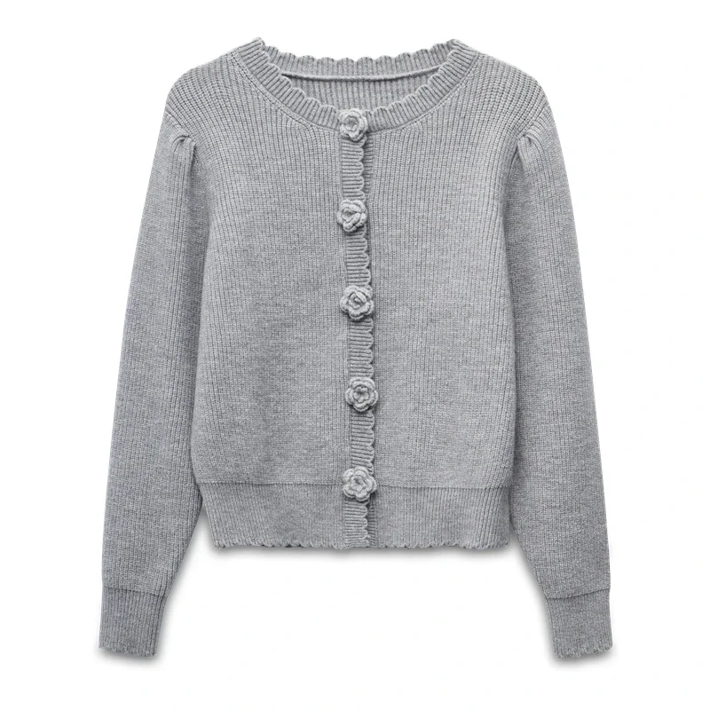 EGGKA Autumn Sweet Flower Knitwear Cardigan Women\'s O-neck Loose Sweaters Korean Style Basic Gray Cardigans Casual Sweater 2024