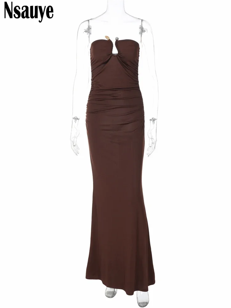 Nsauye femmes sans bretelles Tube mode Sexy soirée vacances plage Club robe longue élégante froncé épaules nues robe portefeuille 2024