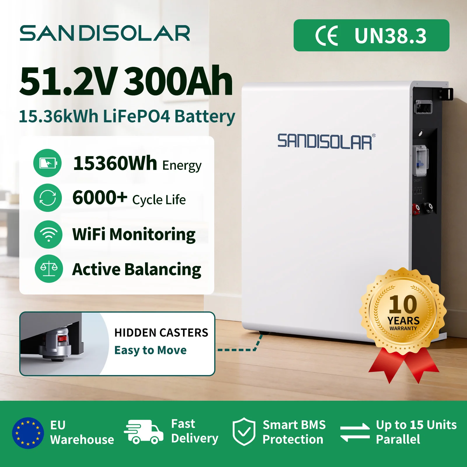 Batterie LiFePO4 SANDISOLAR, 51,2 V, 300 Ah, avec BMS intelligent, capacité 15 kWh pour systèmes solaires de camping-cars, sans taxes, avec Bluetooth et Wi-Fi, en stock en UE.