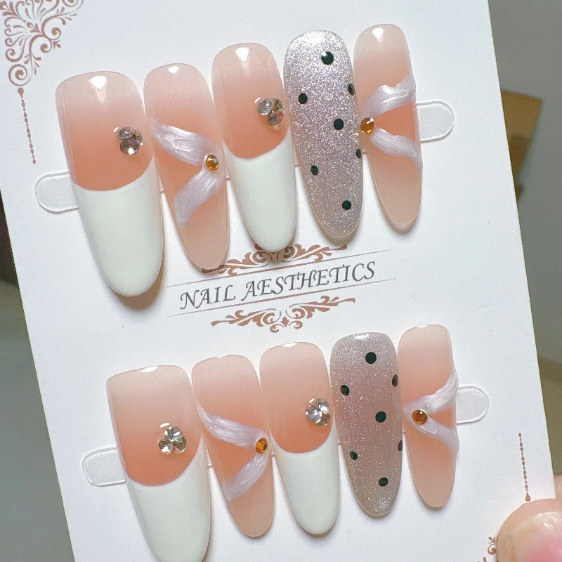 Handmade French Almond Press on Nails With a Drill Artificial Nails With Simple Designed Fake Nails Polka dot Nails Store 10PCS