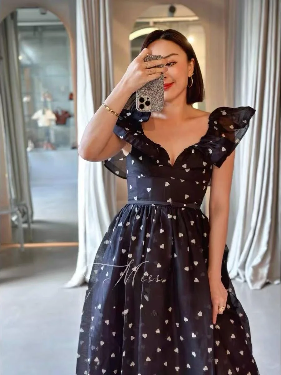 

Длинное женское платье Z Home класса люкс с принтом в виде сердца, кружевной отделкой и высокой талией, с V-образным вырезом