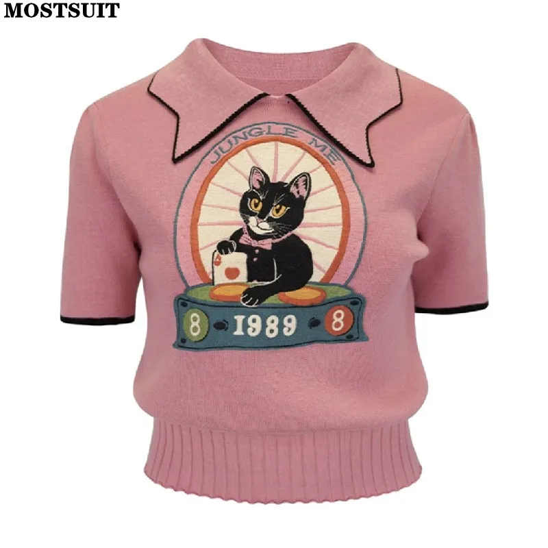 Pink Stylish Sweater Women Knit T-shirt 2024 Summer Cartoon Embroidery Short Sleeve Tees Knitwear Elegant Fashion Chic Jumpers