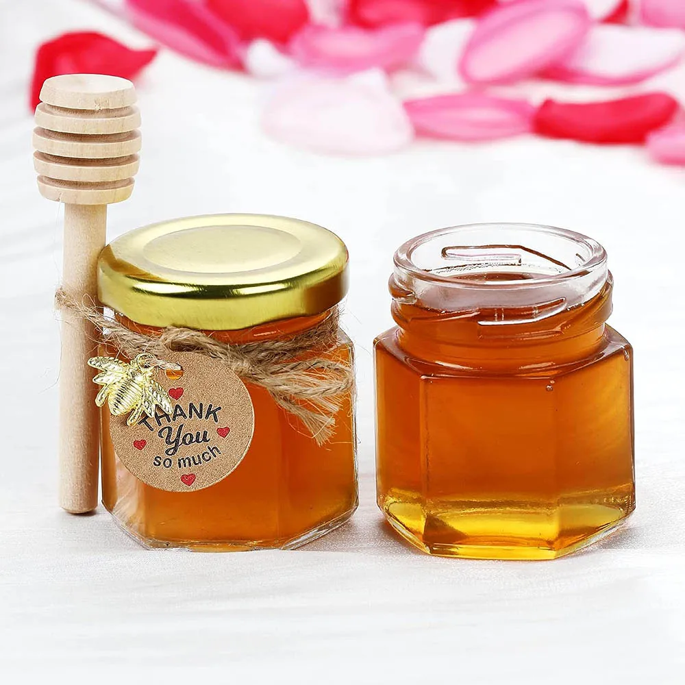 Hexagon Mini Glass Jar with Wood Dipper,Gold Lid,Bee Pendant,Jute Rope, Small Containers, Bottles for Jam Candies, Honey Bab,1.