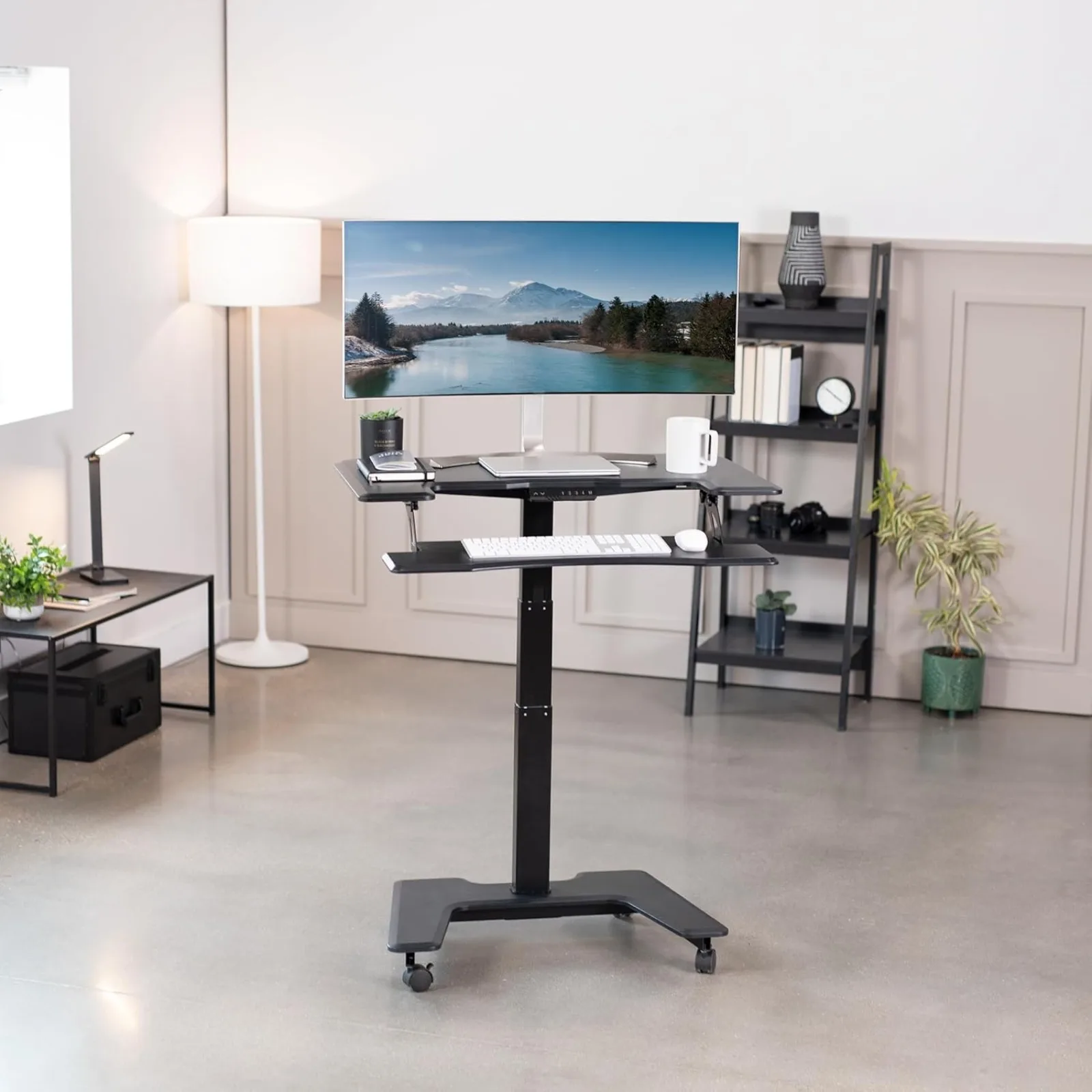 US Black Electric Mobile Height Adjustable 36 inch Dual Platform Standing Desk with Wheels, Rolling Small Space Table, Sit Stand