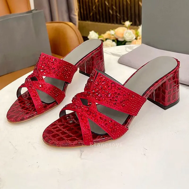 Shiny Rhinestone High Heels Slipper Women's Open Toe Hallow Outs Chunky Heels Lazy Sandals Summer Outdoor Fashion Beach Shoes