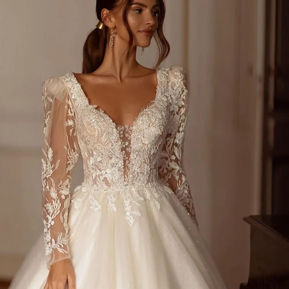 Vestidos De Novia De princesa con corte en A, manga larga, apliques De perlas, cordones en la espalda, tul moderno, Vestidos De Novia