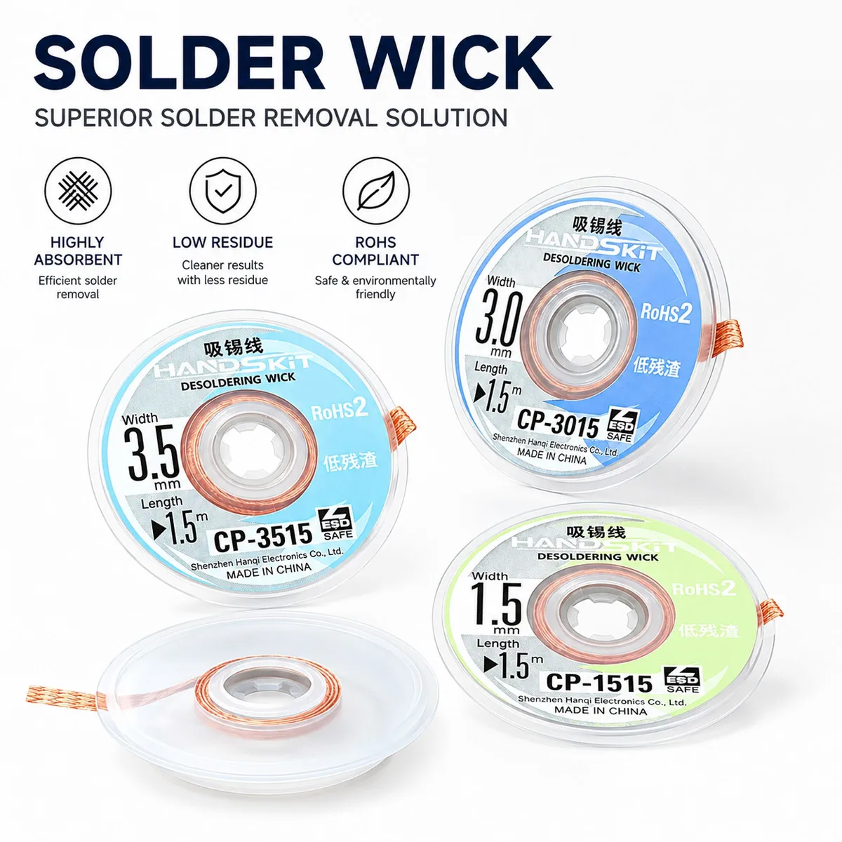 Desoldering Wick Set 1.5‑3.5mm Pure Copper Braid Fast Capillary Action Low Residue ESD Safe for PCB Motorcycle Repair Tool