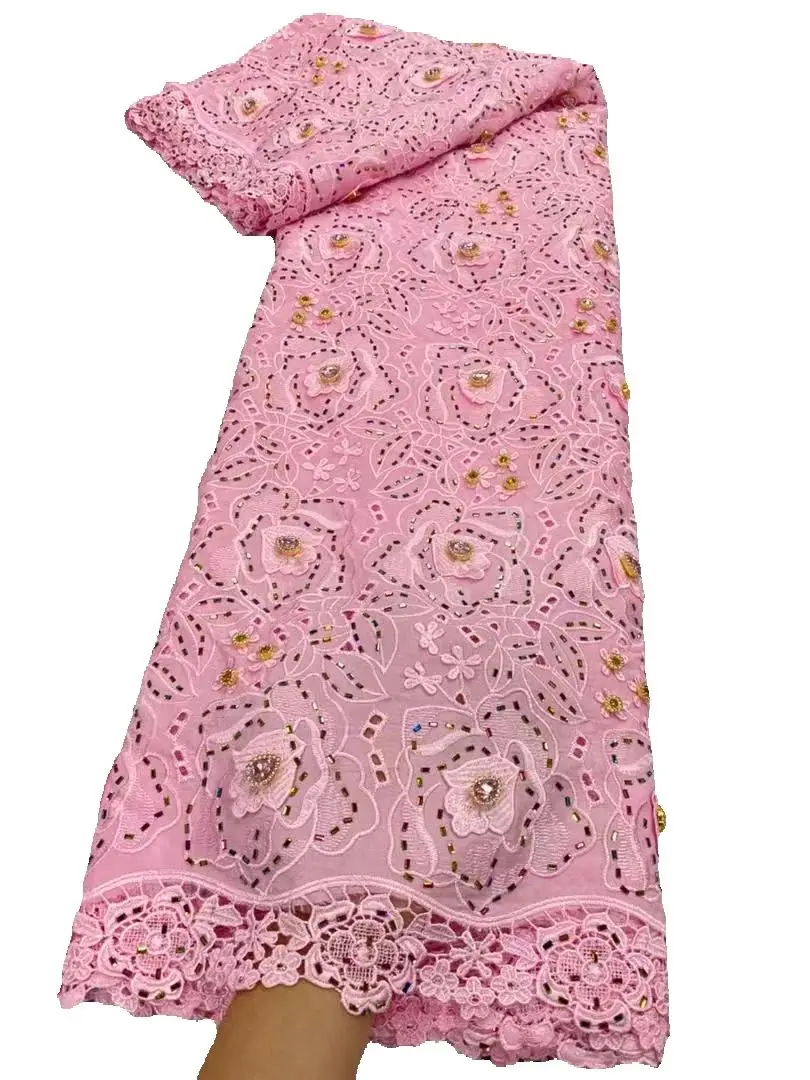 قماش دانتيل أفريقي 2025 جودة عالية، أقمشة قطنية بالمتر، تطريز، حجر الراين، كتان، فساتين حفلة موسيقية، تول، تصميم، 5 ياردات #6