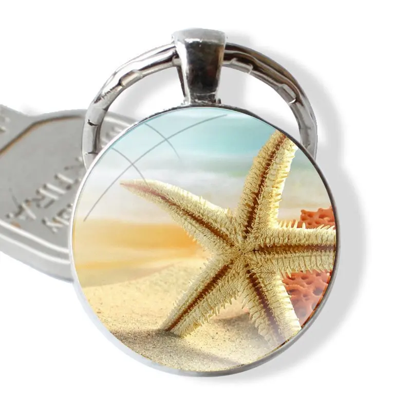 Keychain Handmade Glass Cabochon Key Ring Holder Pendant Key Chains Summer Beach Sun Starfish