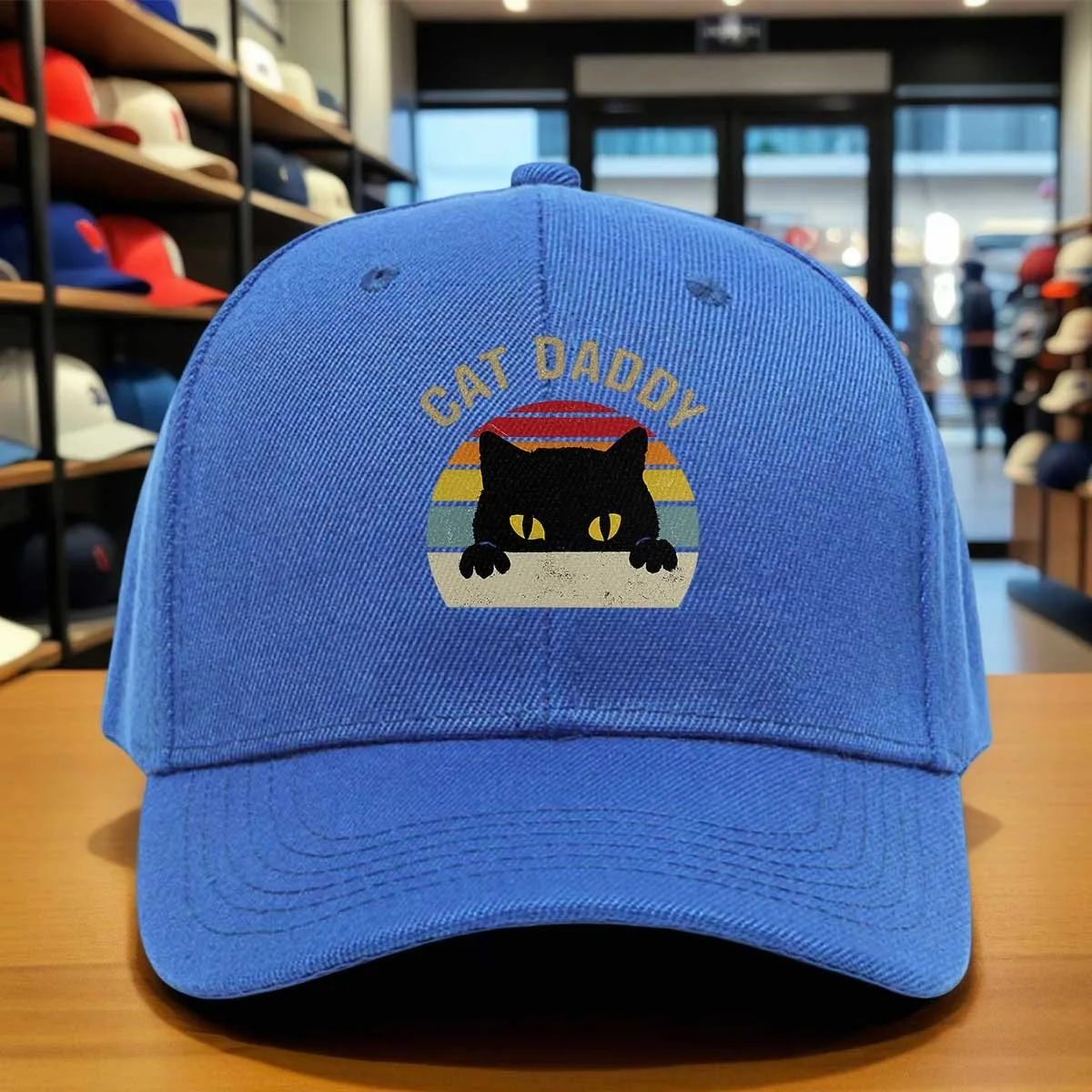 Vintage Washed Cat Daddy Black Cat Print Baseball Cap, Retro Sunset Stripes Design, Adjustable Dad Hat for Casual Wear