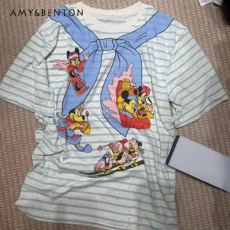 

2025 Summer New Korean Style Y2k Top Tees Loose Oversized Thin Versatile Solid Color Striped Cartoon Short-sleeved T-shirt Women