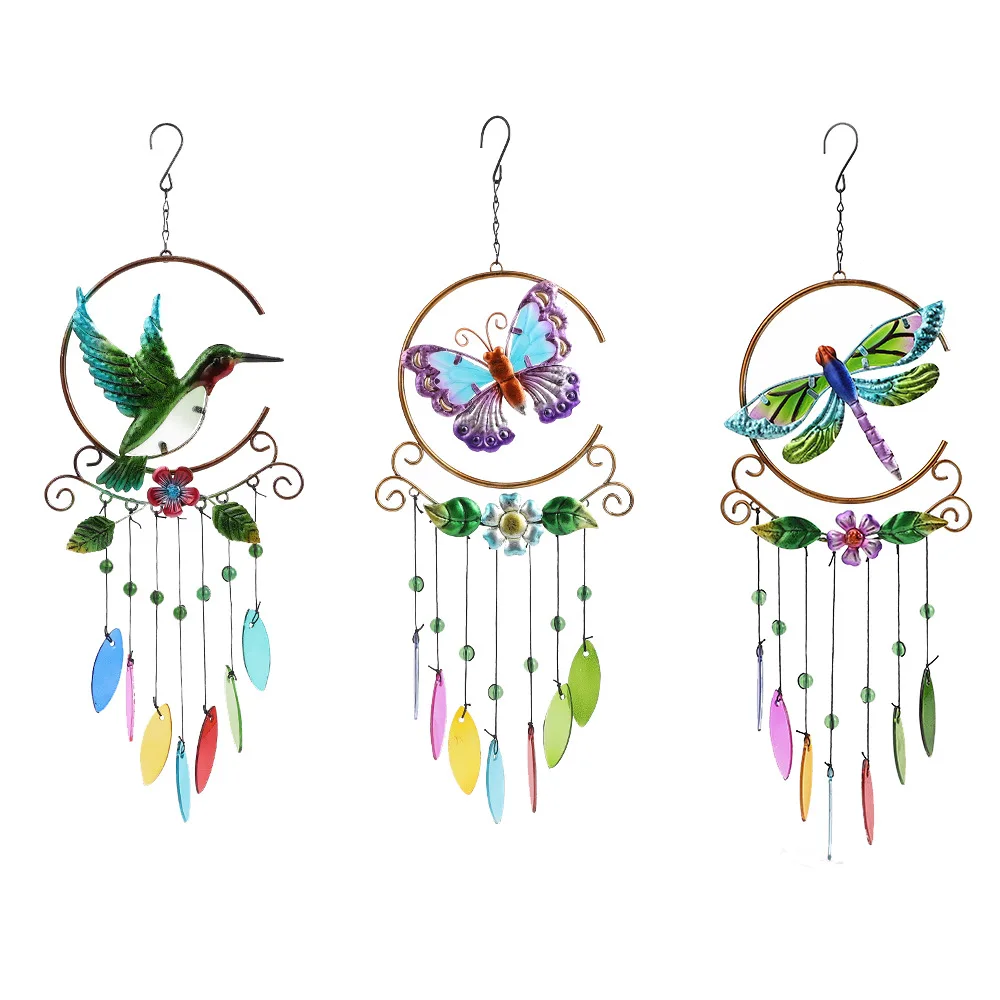 

56cm Cute Hummingbird Butterfly Dragonfly Rainbow Horse Eye Glass Tassel Pendant Metal Wind Chimes Garden Balcony Hanging Decor