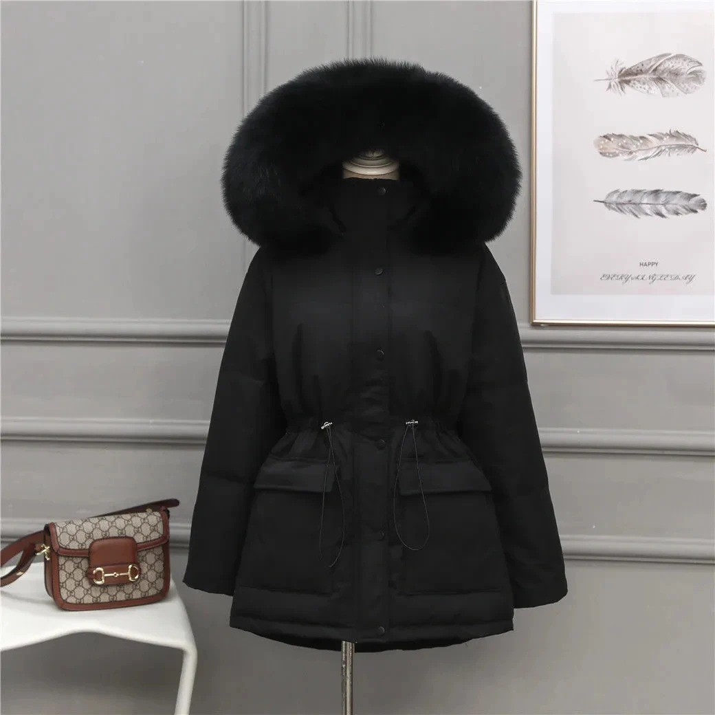 Cotton-Padded Coat Womens New Faux Fur Collar Parkas Hooded Winter Jacket Female Korean Large Size Cotton Waist Thicken Outwaer