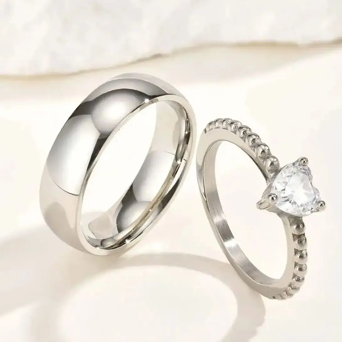 

Luxury Stainless Steel Heart Zircon Wedding Rings Set Silver Color for Men Women Elegant Jewelry Party Gift