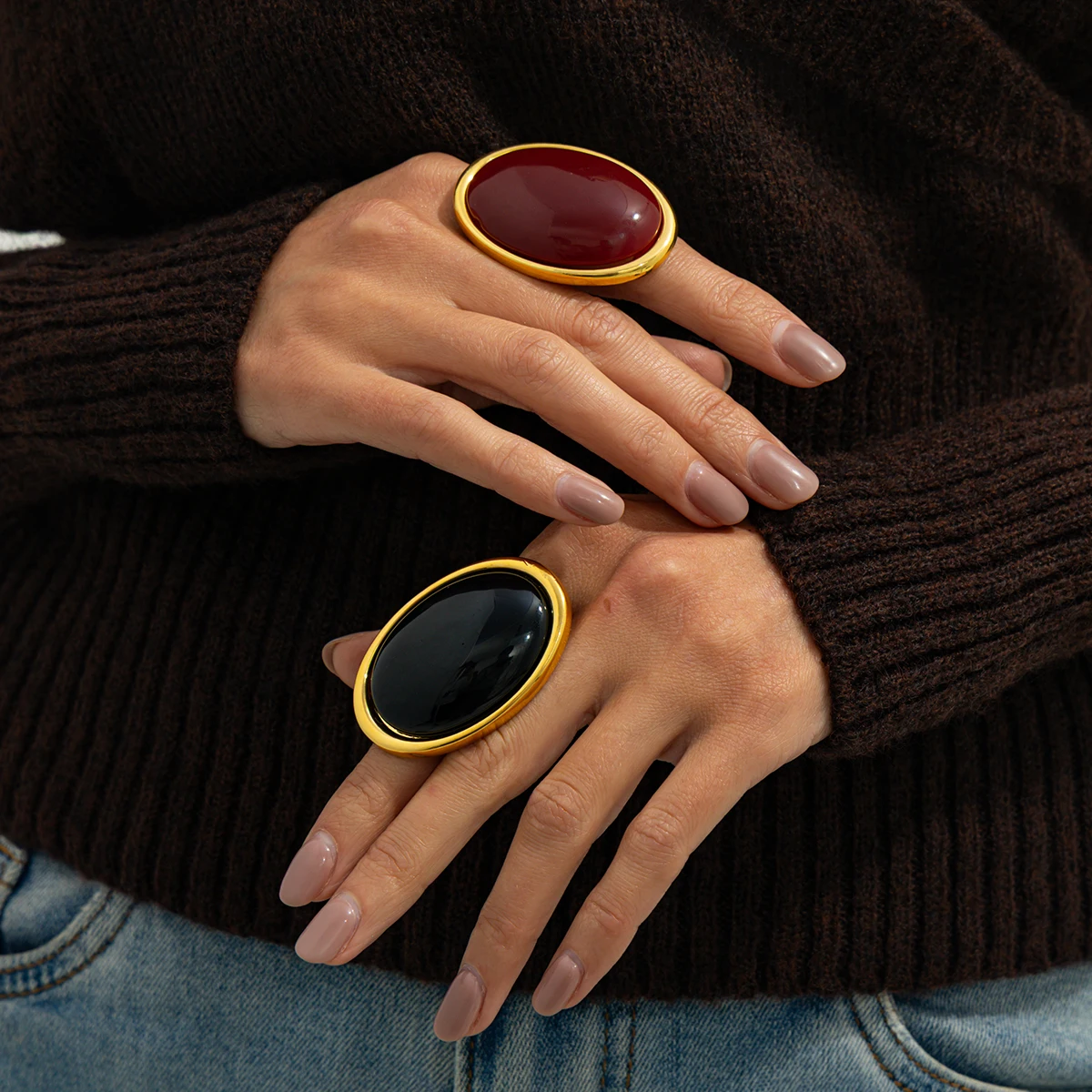 Salircon Classic Simple Geometry Red Oval Resin Finger Ring Women Vintage Elegant Rings Charm Party Accessories Jewelry Gift