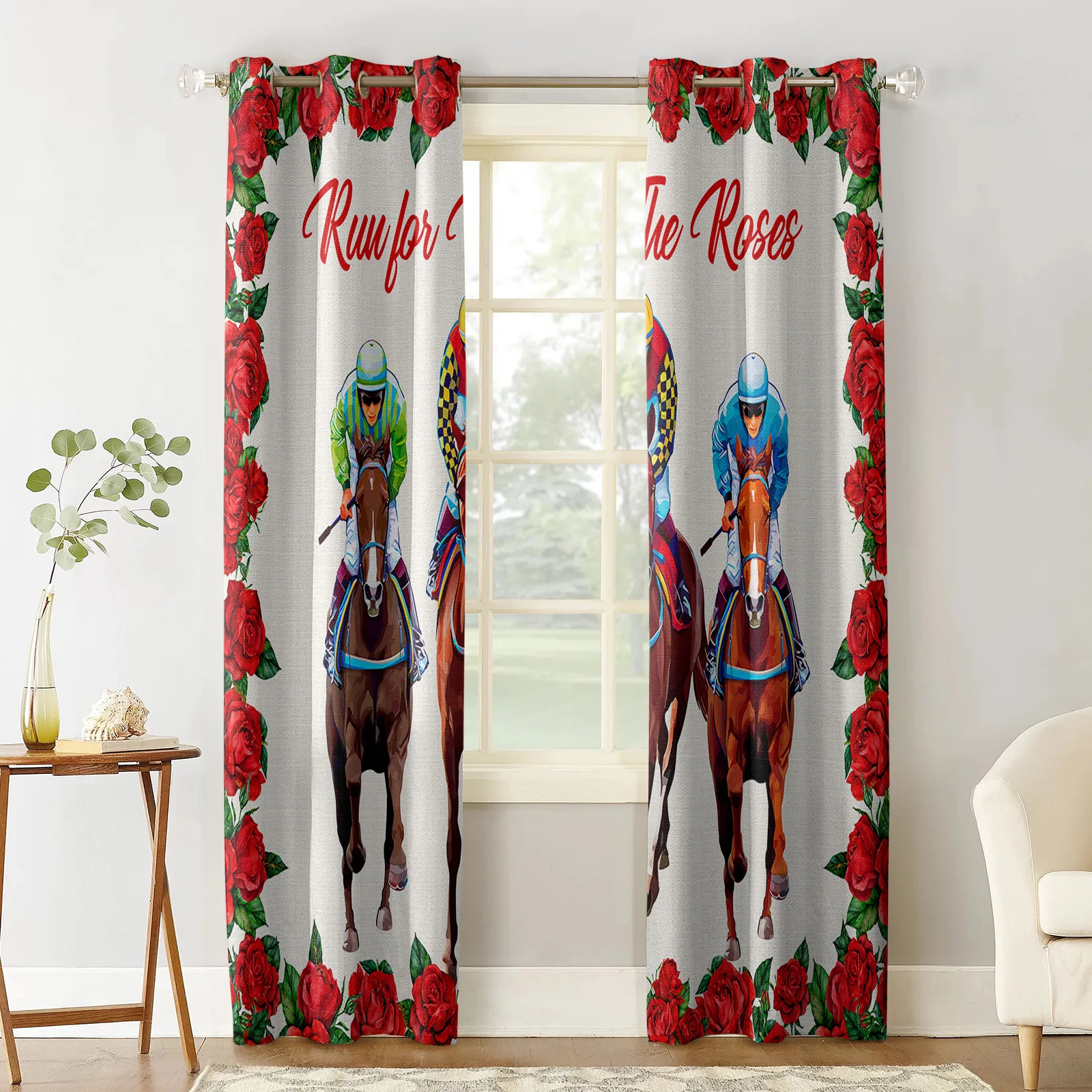 Horse Racing Competition Rose Flower Curtains for Living Room Kids Bedroom Window Curtain Balcony Hall Drape Long Cortinas