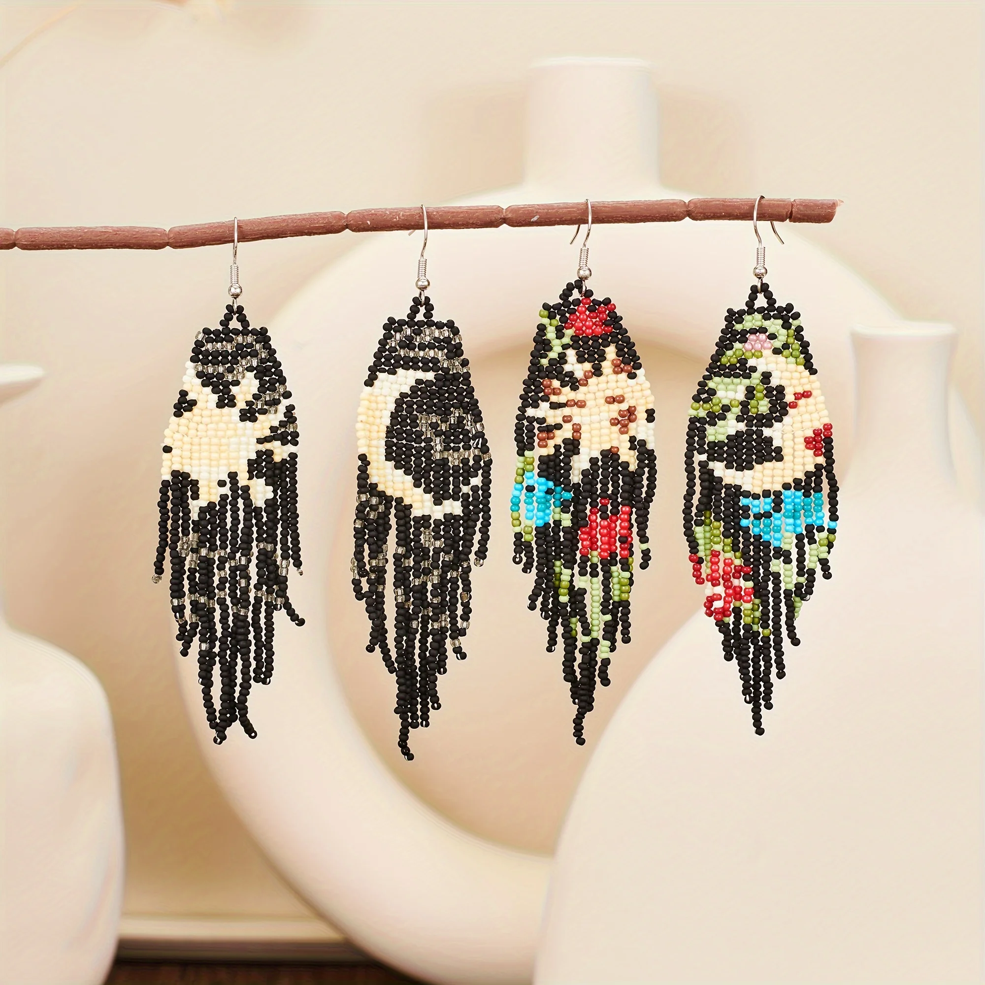 Bohemian Asymmetric Earrings, Star Moon Scenery Tassel Earrings, Handmade Beaded Earrings