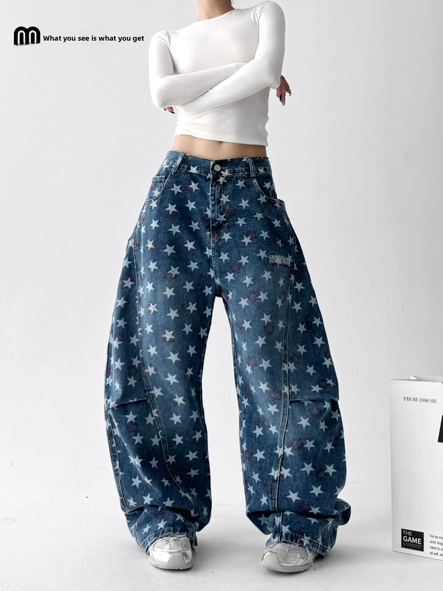 

Retro American Embroidered Star Washed Denim Pants High Waist Loose Wide Leg Knife Cut Autumn Casual Cotton Blend Jeans