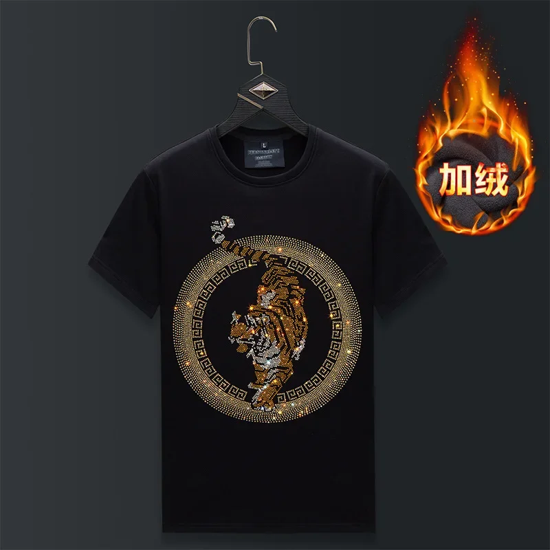 Plus Size O Neck Short Sleeve T Shirts Men Winter Clothes Cartoon Tiger Rhinestones Streetwear Thick Velvet Heat Tshirt Camiseta