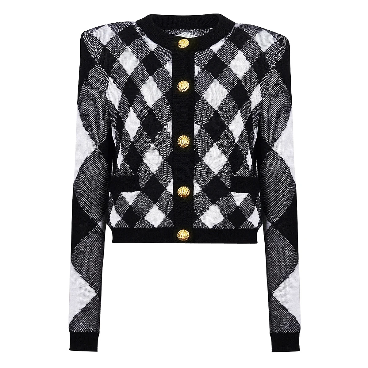 Primavera nuevo temperamento de moda de alta calidad elegante suéter de punto de manga larga cuello redondo cárdigan a cuadros chaqueta de lana