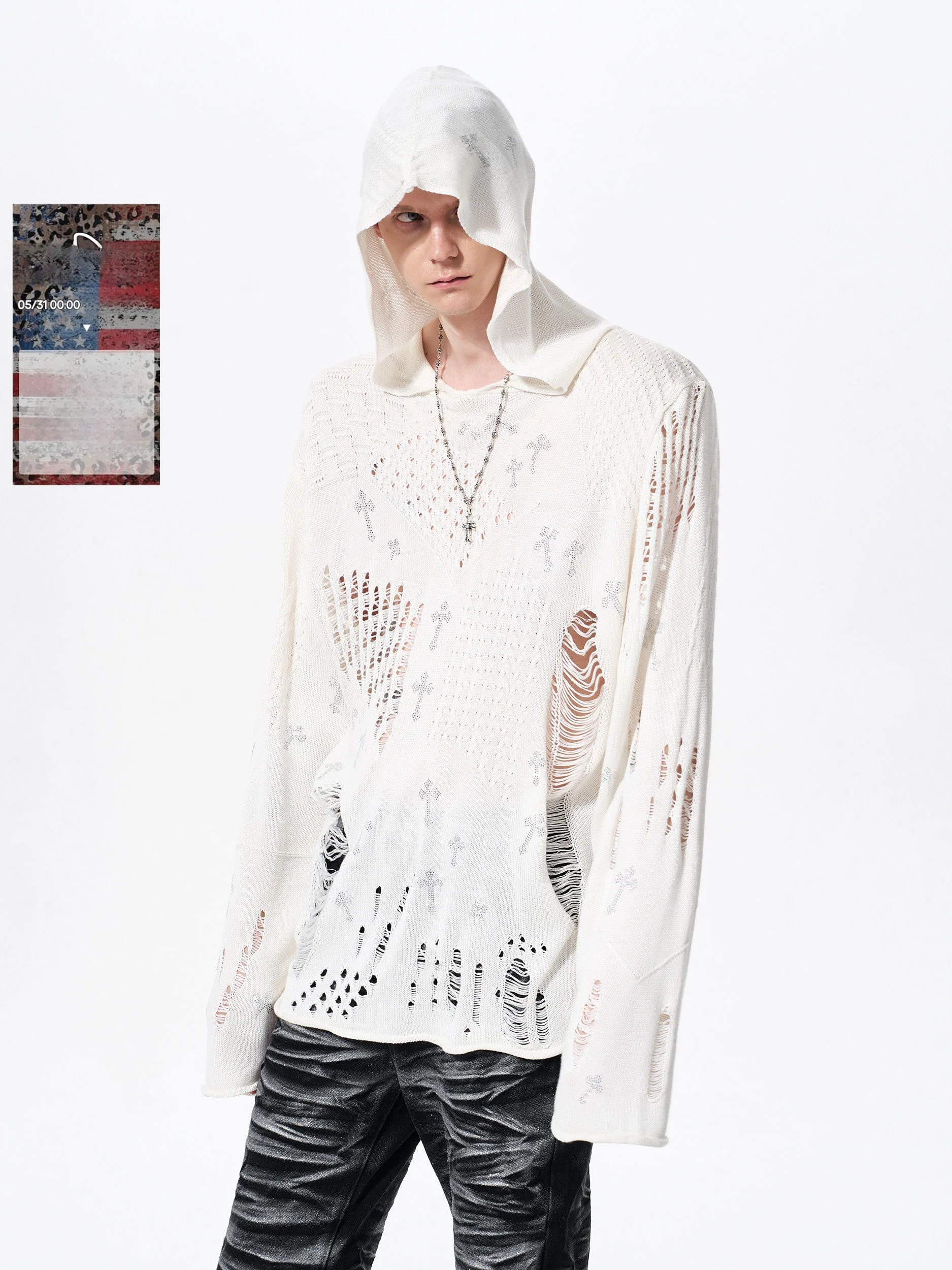 

Men's Hollow out Hoodie Knitted Sweater Thin Visual Punk Style Cross Drill Loose Fit Spring Season Long Sleeve Crew Neck