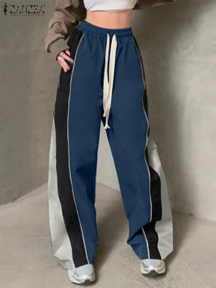 

ZANZEA Women Sports Pants Streetwear Korean High Waist Coloblock Trouser Fashion Long Pantalons Casual Wide Leg Pocket Bottoms